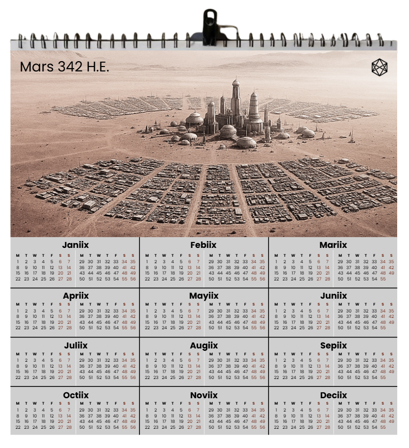 Illustration: Mars 342 HE wall calendar. Expanded text description follows.