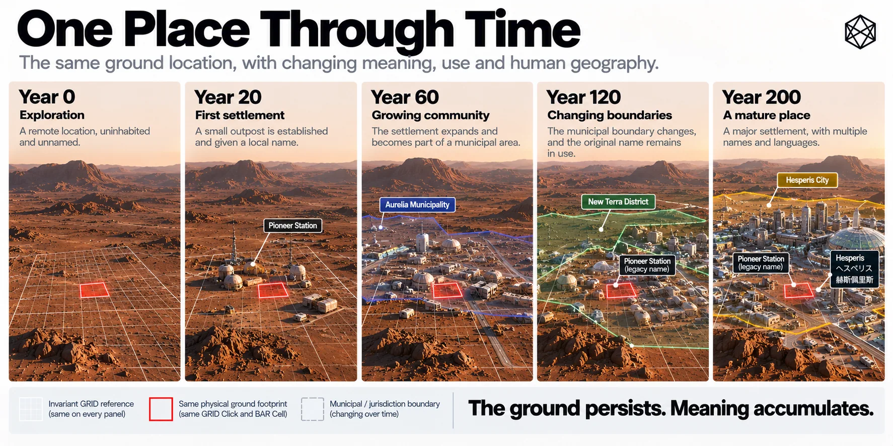 Sequence illustrating how a fixed geographic reference continues to identify the same area as settlement activity changes over time.