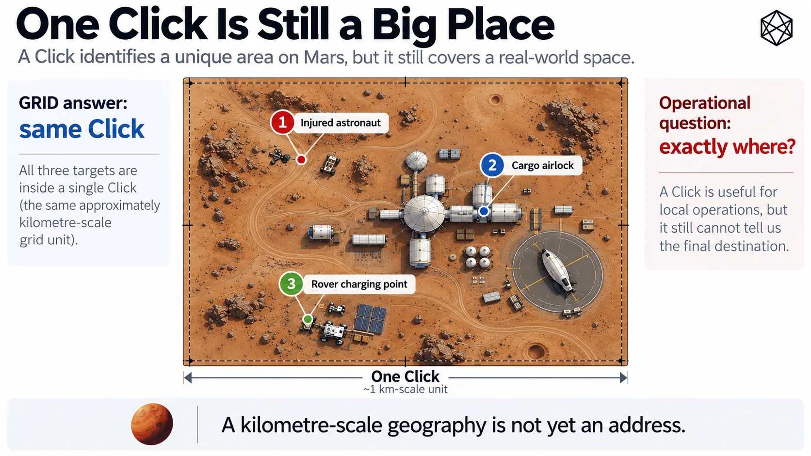 Illustrated kilometre-scale MGRID Click containing multiple facilities and objects, too broad to identify one precise destination.