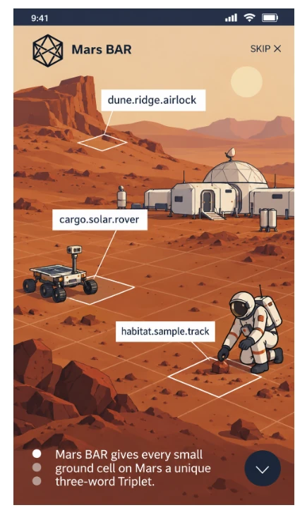 Mobile screen showing a Mars BAR Triplet used for surface exploration, with addresses attached to a dune ridge, rover cargo and a habitat work area.