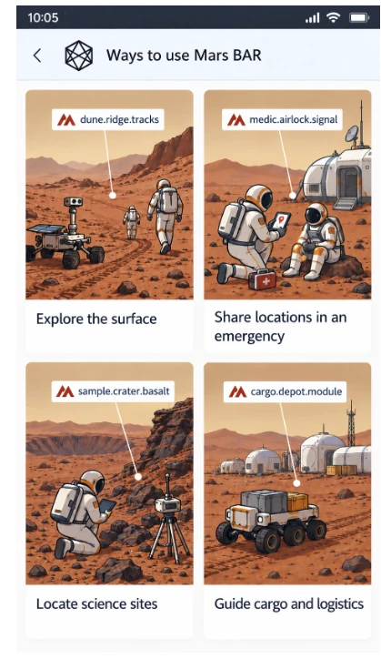 Mobile screen showing several Mars BAR Triplet examples for surface work, emergency sharing and science locations.