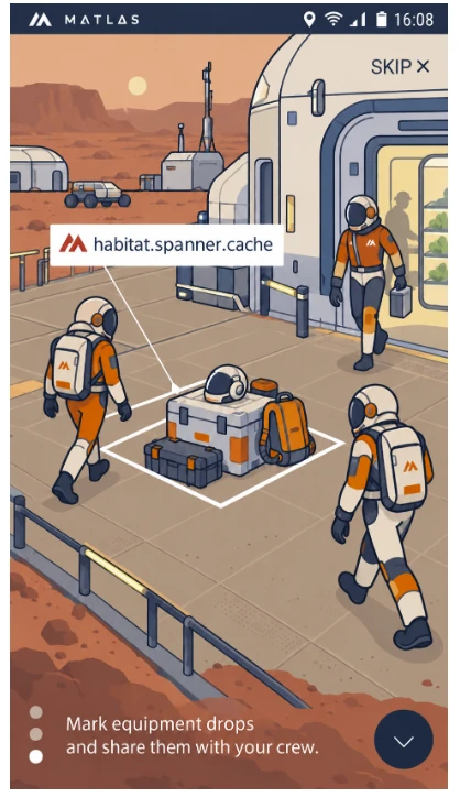 Mobile screen showing a Mars habitat scene with a Mars BAR Triplet attached to equipment placed beside an airlock.